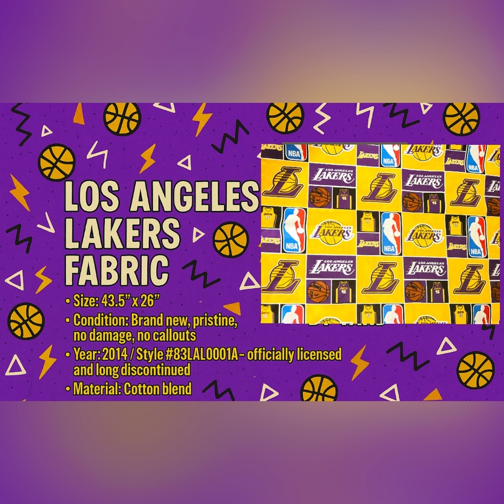 NBA Lakers Licensed Fabric | Retired 2014 Style | Pristine 43.5”x26” Cut